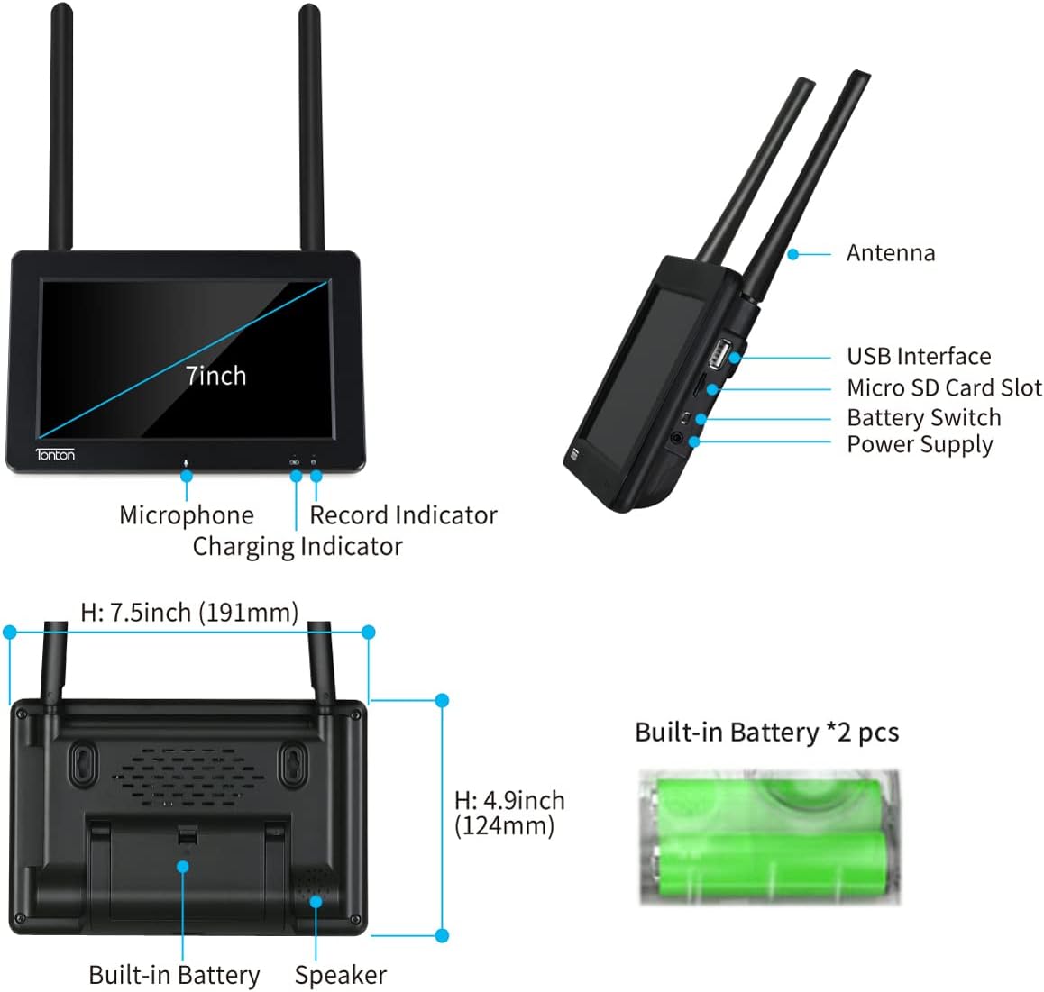 [3MP&2-Way Audio&Floodlight] Tonton Portable LCD Security Camera System Wireless, 7" IPS Touchscreen Monitor