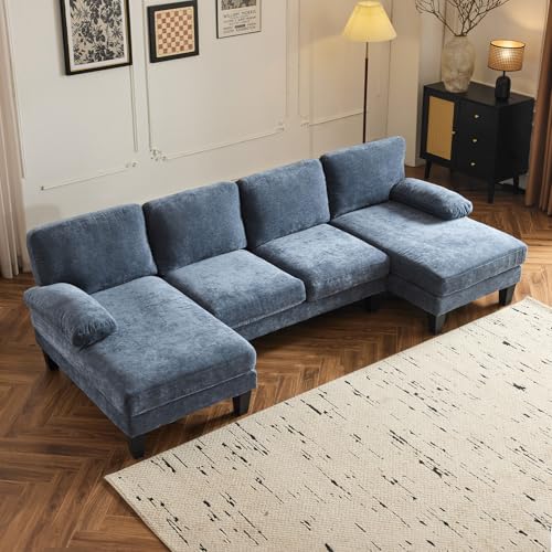VINGLI 110" Sectional Couches for Living Room,U Shaped Couch with Double Chaise, 4-Seat Sofa Set with Chenille Fabric for Home Furniture,Forest Green