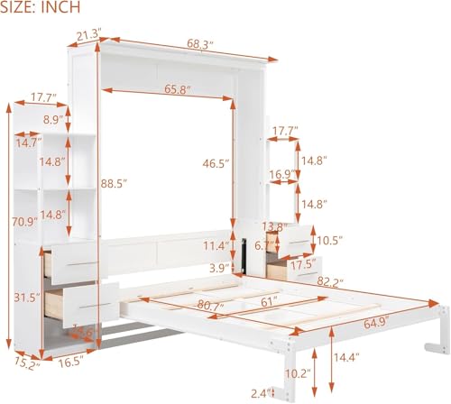 MERITLINE Queen Murphy Bed with Storage Drawers,LED Lights and Shelves,Wood Murphy Wall Bed Cabinet for Adults (White)