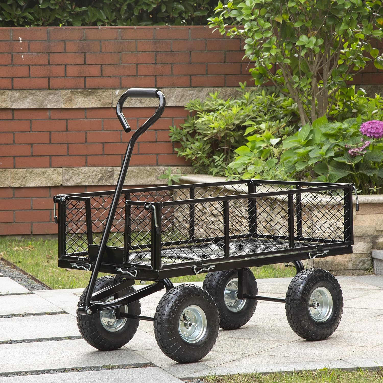 Glitzhome Heavy Duty Steel Utility Cart 550-lbs Capacity Outdoor Garden Cart Utility Wagon with Removable Sides and 10 Inch Wheels Garden Dump Cart