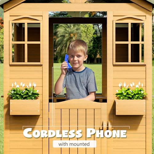 All Spruce Outdoor Kids Playhouse, Toddler Playhouse Wooden Playhouse for Kids Ages 3-10, with Sink, Stove, Flower Pot Holders, Phone