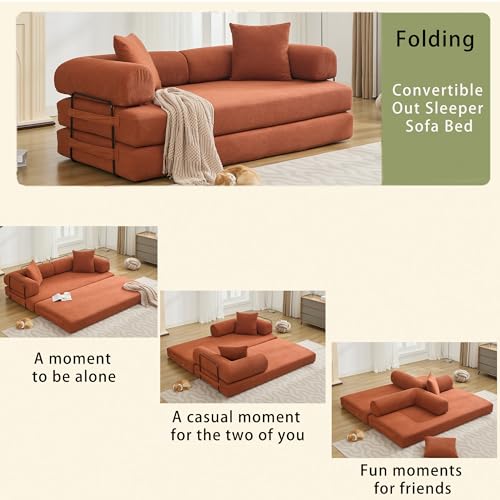 Convertible Sleeper Sofa Bed with Cylindrical Pillow, Corduroy Folding Mattress Couch with Fixed-Shape Frame