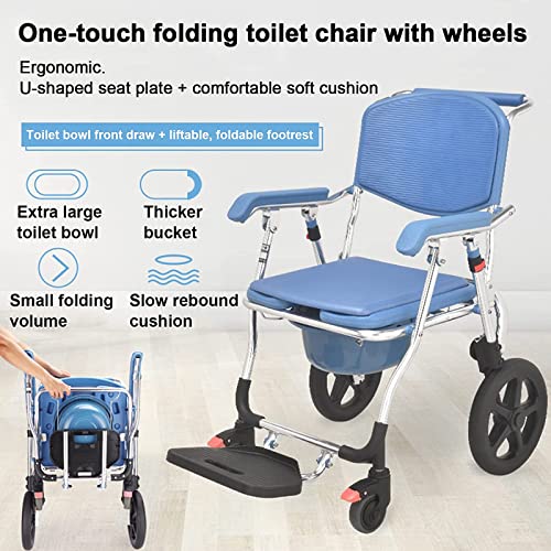 Shower Transport Chairs on Wheels 3 in 1 Folding Shower Wheelchair Bedside Commode with Pail Soft Cushion Backrest Locking Wheels with Large Commode