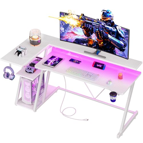 55 Inch Gaming Desk with Power Outlet & LED Lights, L Shaped Gamer Computer Table with Storage Shelves for Bedroom, Corner Home Office Desk