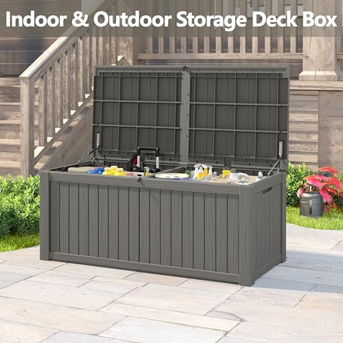 KAMABOKO Outdoor Storage Box, 150 Gallon Large Outdoor Resin Deck Box, Storage Waterproof Boxes Lockable Lid for Garden Tools, Pool Supplies