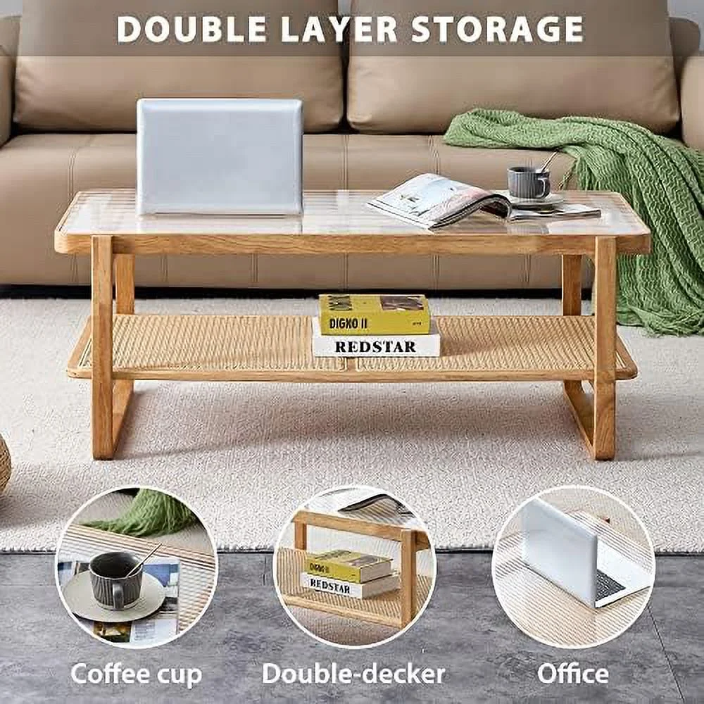 NLIBOOMLife Rattan Coffee Table Rustic Style Wooden Coffee Table Rectangular Wood Coffee Table for Living Room Glass Top Coffee Table with Imitation