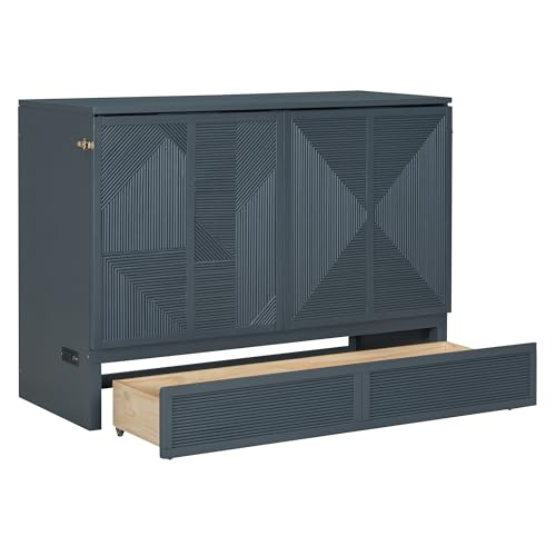 Harper & Bright Designs Full Size Murphy Bed Cabinet Wall Bed, Solid Pine Murphy Bed Chest with USB Ports