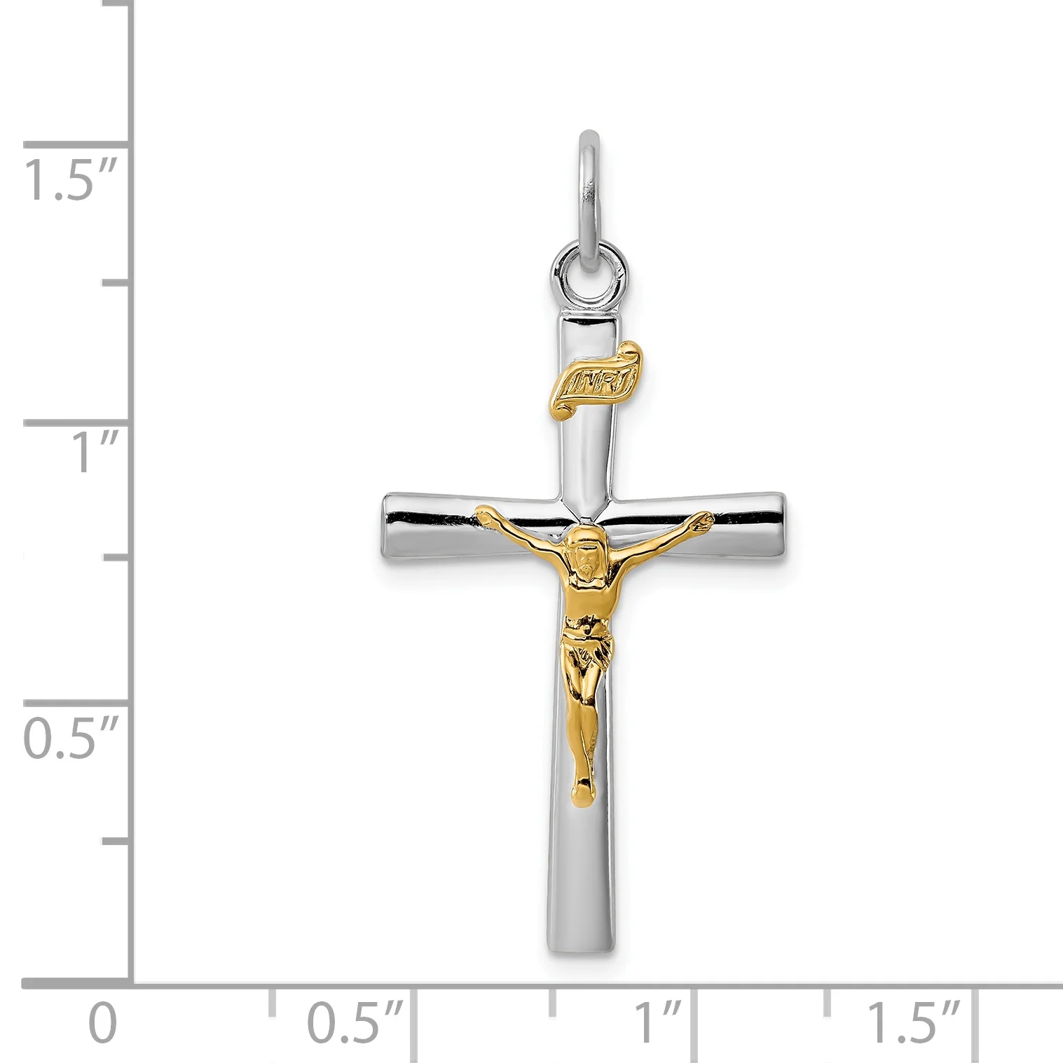Carat in Karats Sterling Silver Polished Finish Rhodium-Plated 18K Gold Inri Crucifix Charm Pendant (37mm x 18mm) With Sterling Silver Cable Chain