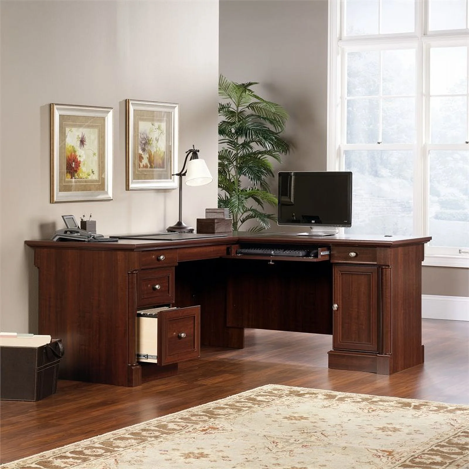 Kingfisher Lane L-Shaped Contemporary Engineered Wood Desk in Select Cherry