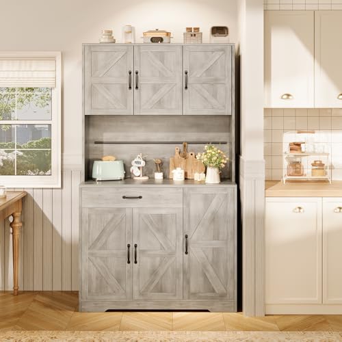 72" Tall Storage Cabinet, Kitchen Pantry Cabinet with Adjustable Shelves & Sturdy Steel Frame, Farmhouse Pantry Storage with 4 Barn Doors for Kitchen