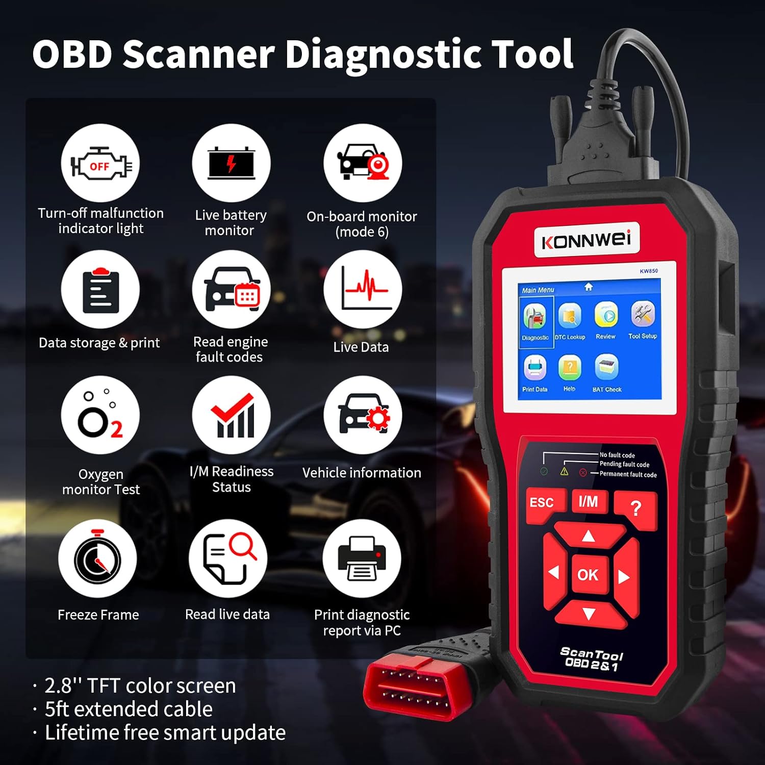 KONNWEI KW850 OBD II Scanner Check Engine Code Reader CAN Diagnostic Scan Tool with O2 Sensor Test Freeze Frame I/M Readiness Print Data EVAP System