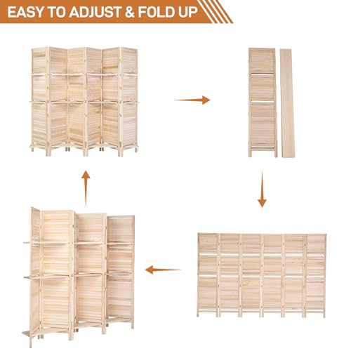 Bonnlo 6 Panels Wood Room Divider with Shelves, 6 FT Height Folding Privacy Screens, Indoor Freestanding Room Partition Wall Divider