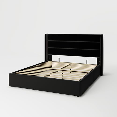 Allewie Full Size Lift Up Storage Bed, Modern Wingback Headboard, Hydraulic Support, No Box Spring Needed, Light Beige