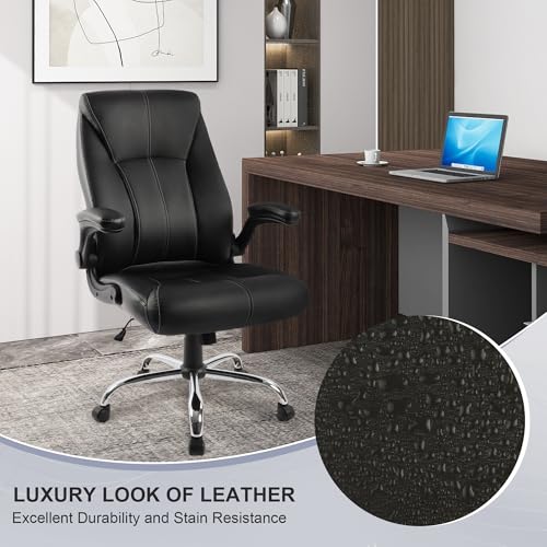 Big and Tall Office Chair for Heavy People 400lb, Executive Desk Computer Chair Adjustable Flip-up Armrests
