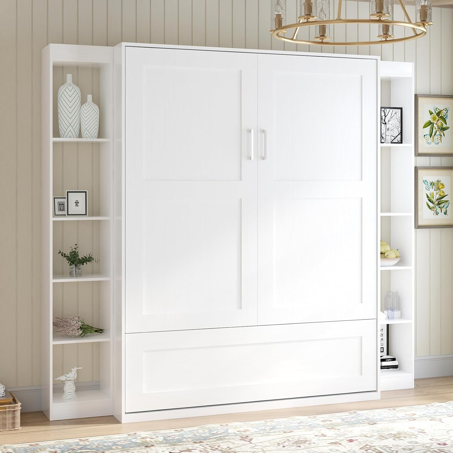 MUZZ Murphy Bed with Wardrobe，Murphy Cube Cabinet Bed with Space Saving Design，Modern Foldable Wall Bed with 2 Side Cabinet