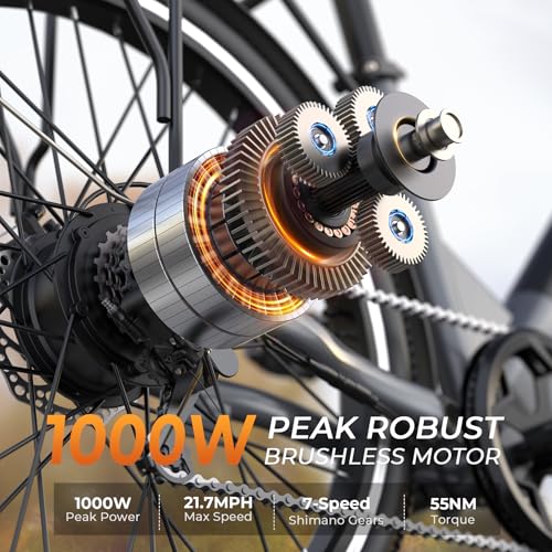 Electric Bike for Adults, 1000W Peak EBike, 50 Miles 21.7MPH Adult Electric Bicycles with 48V Built-in Removable Battery, Adjustable Stem, Rear Rack