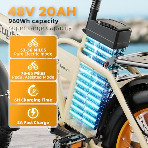 1000W Folding Electric Bike,48V 20AH Removable Battery E Bike,30+MPH,80 Miles Max Range Electric Bike for Adults,20" Fat Tire Foldable ebike