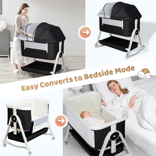 4 in 1 Baby Bassinet, Bassinet Bedside Sleeper with Wheels and Storage Basket, Adjustable 7 Heights Bedside Sleeper with Changing Station