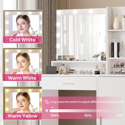 Vanity Desk with Mirror and Light, Large Drawer and Three Level Storage Dresser, 3 Lighting Modes Adjustable Brightness