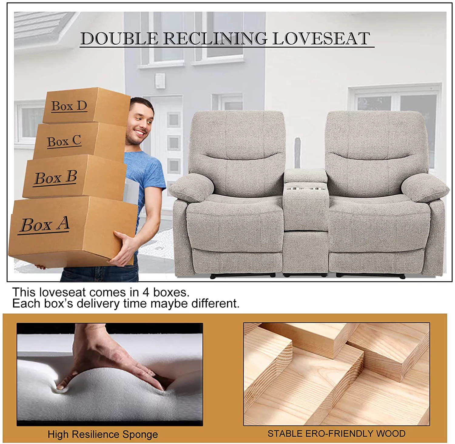 Double Reclining Loveseat - Fabric Home Theater Seating with Console - Glider Reclining Couch for Living Room, Office