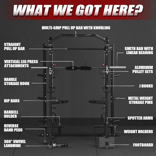 Mikolo Smith Machine, Multi-Function Power Cage with Dual Pulley System, Vertical Leg Press Attachment