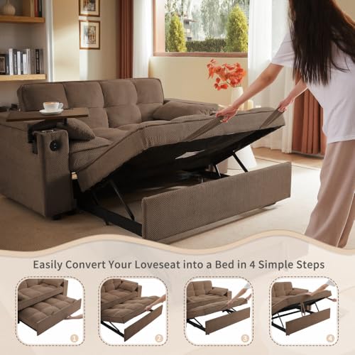68.11" Corduroy Sleeper Chair Bed with USB Port, Cup Holders & Side Storage Pockets – 3-in-1 Foldable Sofa Bed for Guest Room, Living Room – White