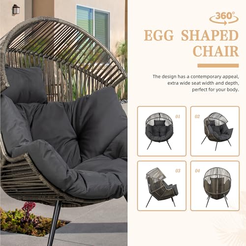 Vongrasig Outdoor Wicker Egg Chair PE Rattan Chair with Cushion, Oversized Patio Lounge Chair for Outdoor, Indoor, Balcony, Backyard, Garden, Black