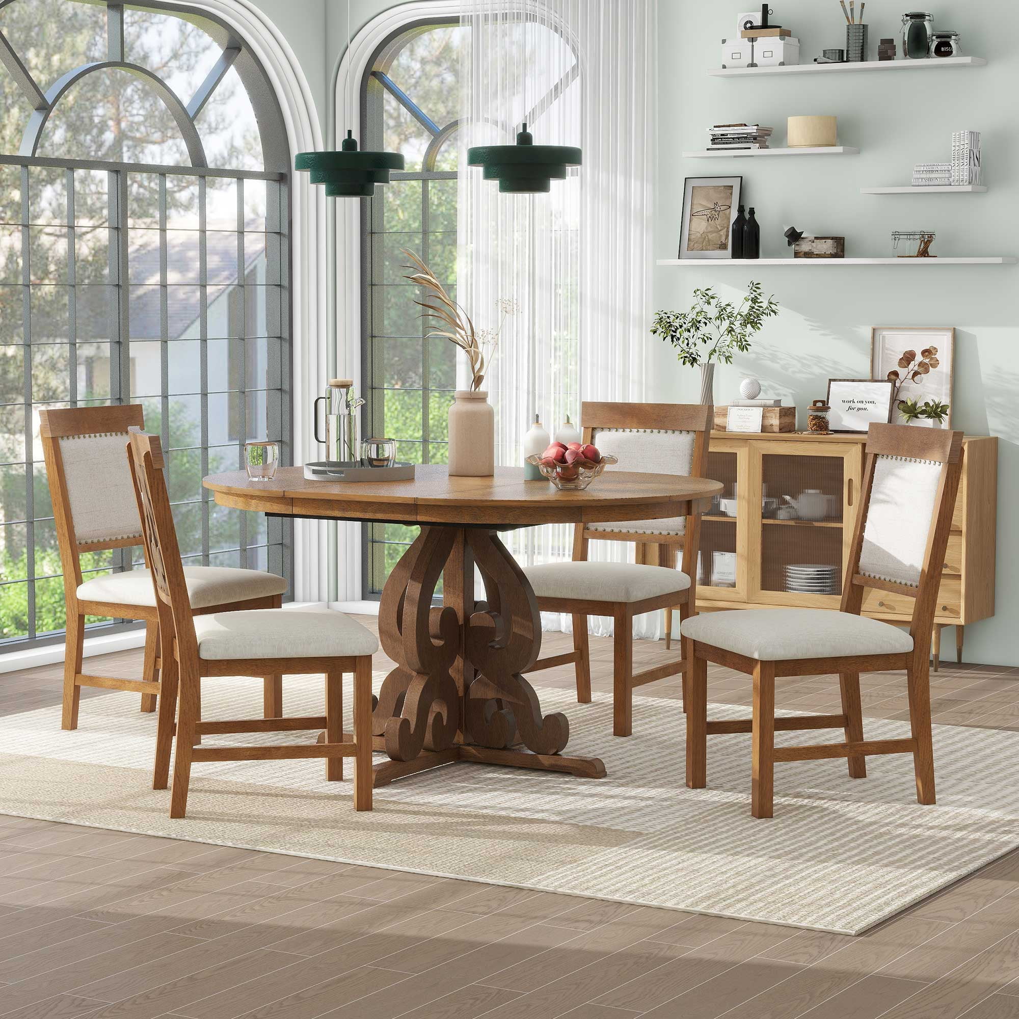 Dining Table Set for 4, Atumon Dining Room Set with Extendable Round Table and 4 Upholstered Dining Chairs