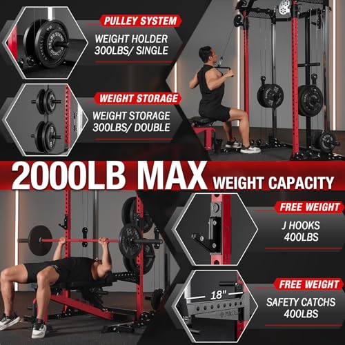 Mikolo Power Cage, 2000LB Squat Rack, Dual Pulley Cable Crossover System, Multi-function Free Weight Home Gym Workout Machine with Attachments
