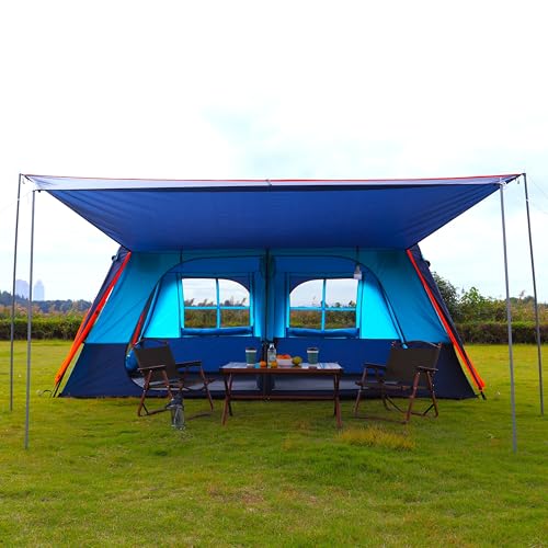 KTT Extra Large Tent 10-12-14 Person(B),Family Cabin Tents,2 Rooms,3 Doors and 3 Windows with Mesh,Straight Wall,Waterproof,Double Layer