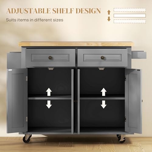 HOMCOM Kitchen Island on Wheels, Rolling Cart with Rubberwood Top, Spice Rack, Towel Rack and Drawers for Dining Room, Navy Blue