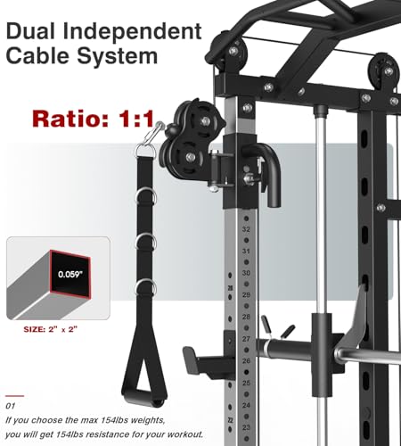 DONOW Smith Machine with Weight Stacks Power Cage Squat Rack Dual Cable Crossover Machine Home Gym Systems Station LAT Pull Down