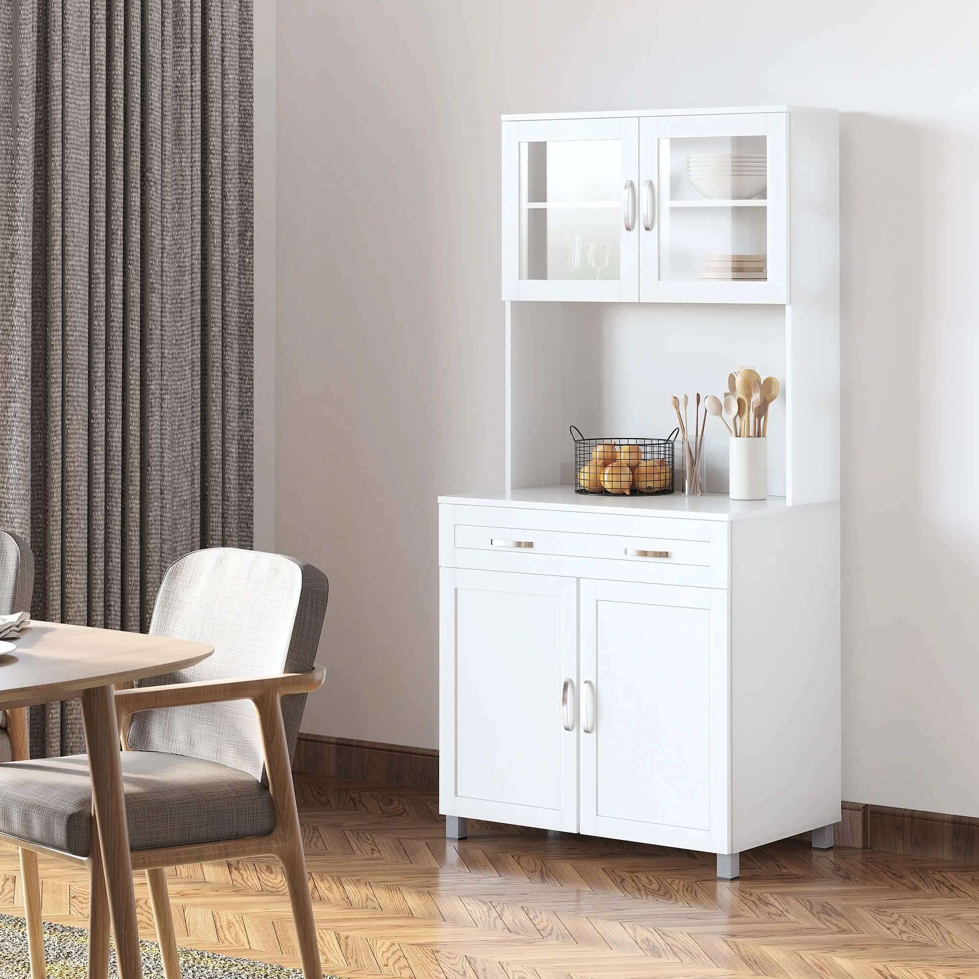 HOMCOM 67" Buffet with Hutch, Modern Kitchen Pantry, Freestanding Storage Cabinet with Framed Glass Doors, Shelves and Drawers, White