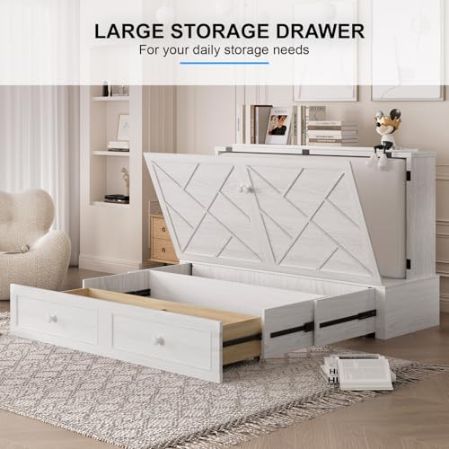 PUREMIND Queen Murphy Bed with Storage Drawers, Camas Con Colchon Incluido, Hideaway Chest Beds with Built-in Charging Station