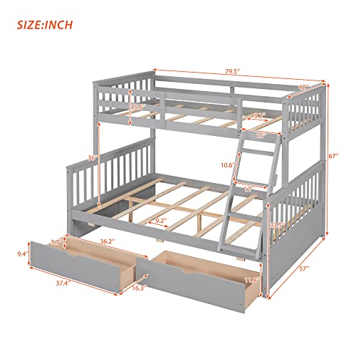 Ball & Cast Full Over Full Bunk Bed with Twin Size Trundle and Built in 4 Drawer,Wood Bunkbed w/Storage Ladder & Slat Support