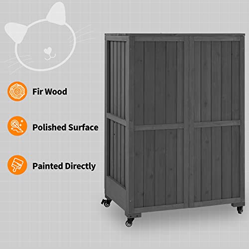 MCombo Luxury Cat House with Scratching Post, Wooden Multi Feature Large Cat Condo with Escape Door and Wheels