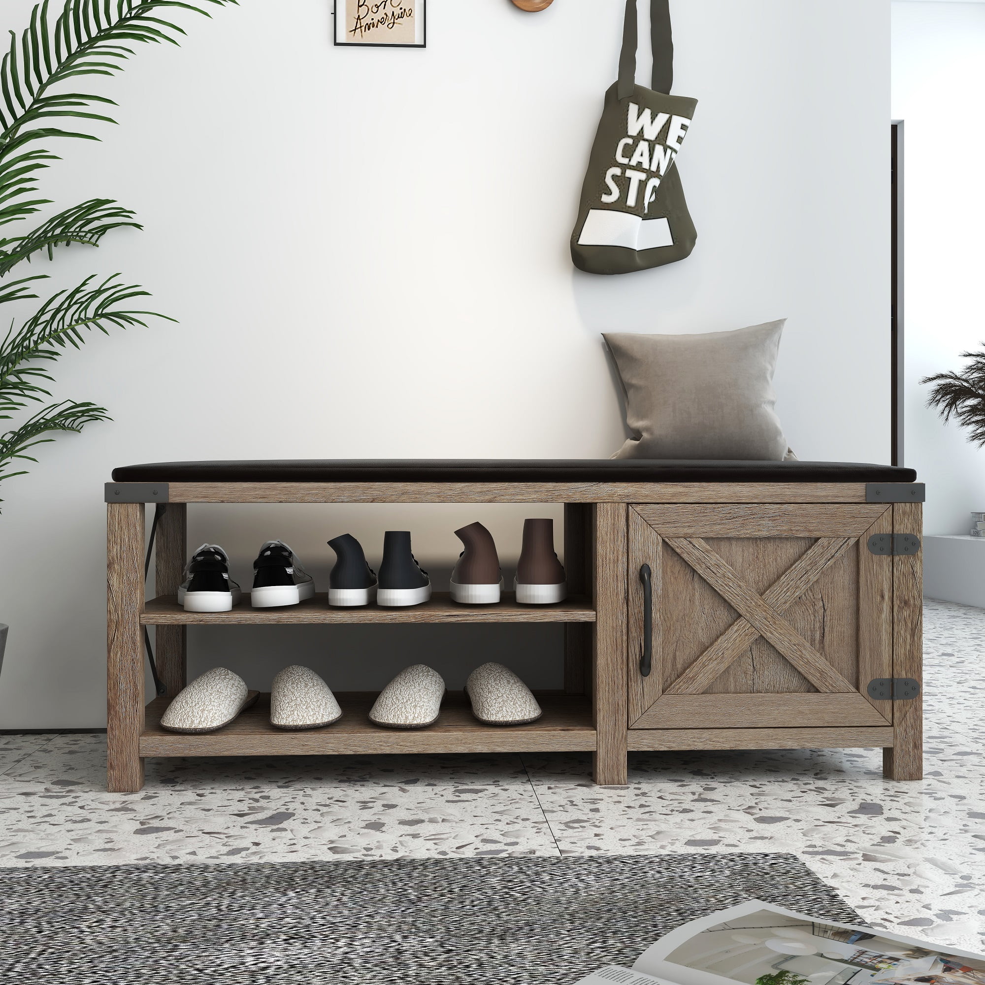 Shoe Bench Entryway with Storage, Shoe Rack Bench with Cushion Seat, Farmhouse 2-Tier Shoe Storage Bench for Entryway Bedroom, Hallway