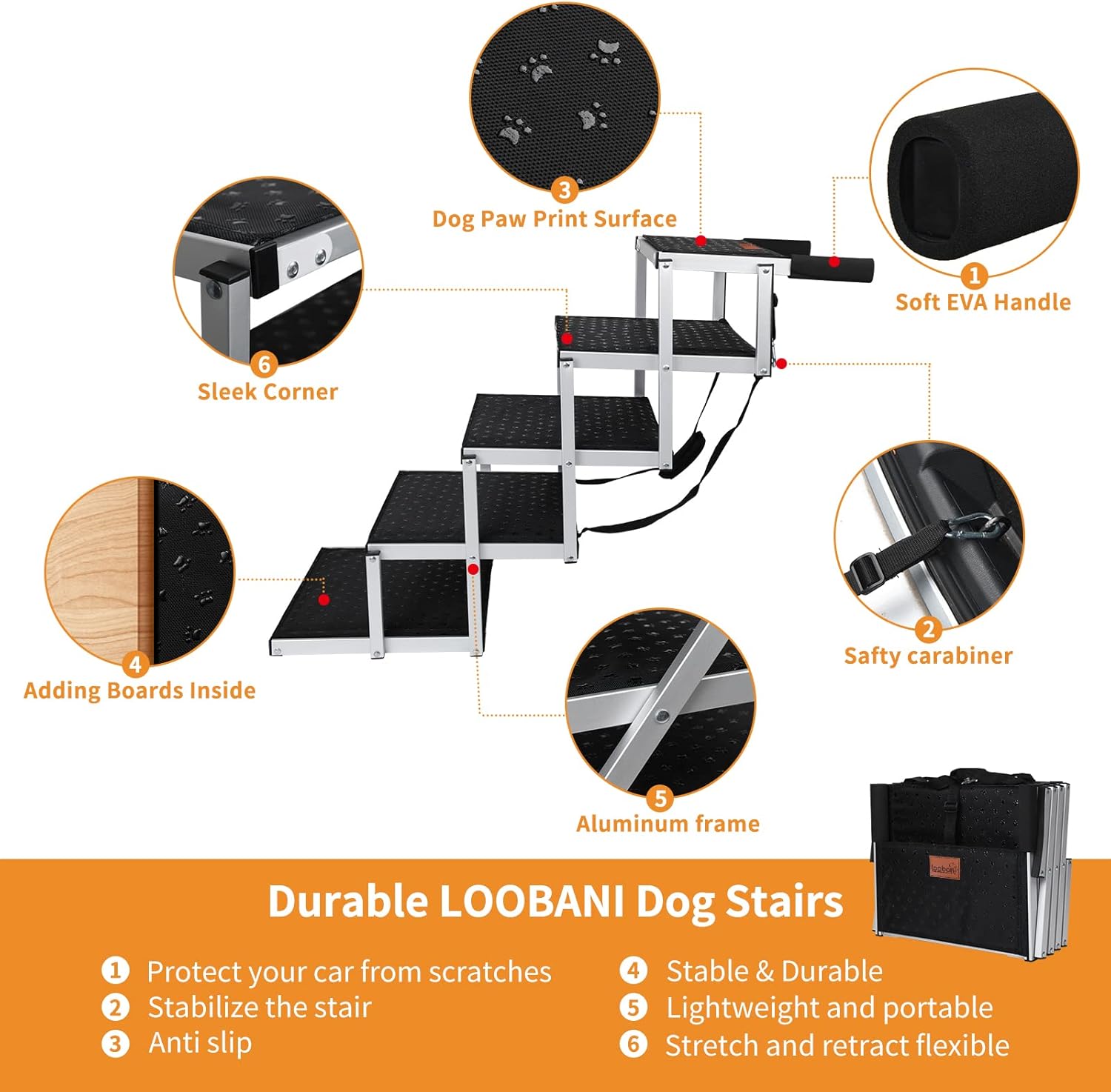 Dog Car Ramp for Large Dogs, LOOBANI Lightweight Dog Stairs Support up to 200lbs, Folding Agility Dog Ramp with Increased Nonslip Surface