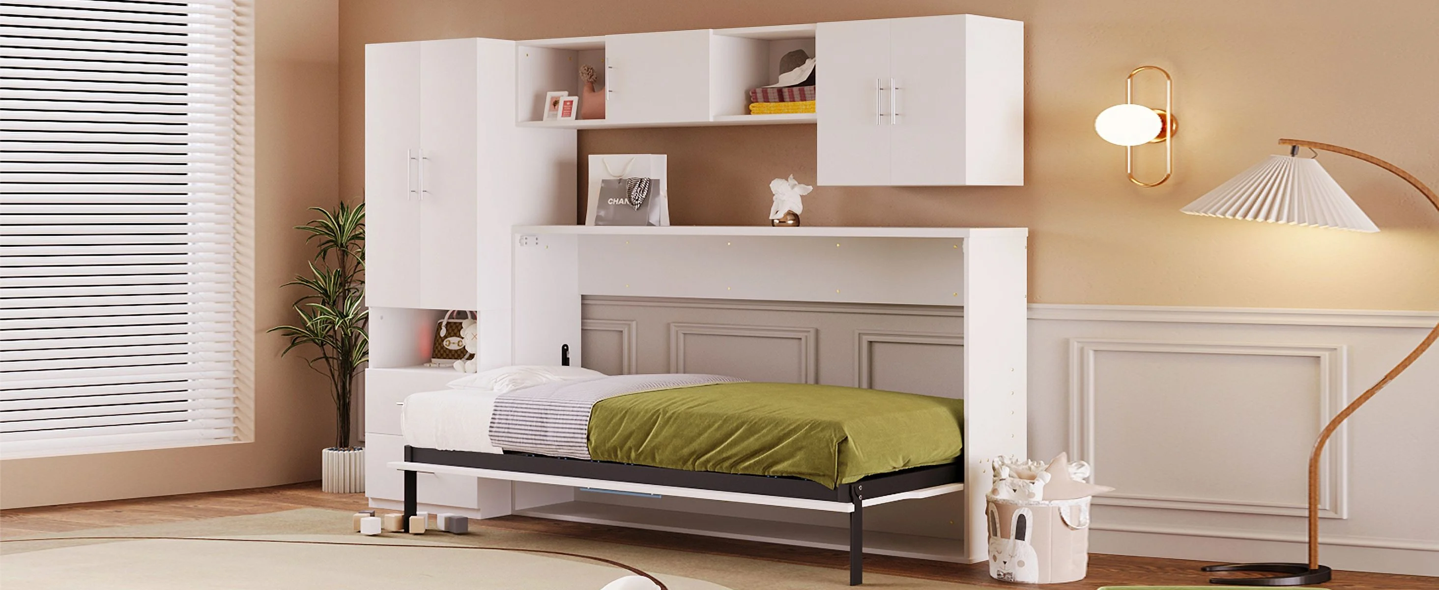 CoSoTower Twin Size Murphy Bed with Open Shelves and Storage Drawers,Built-In Wardrobe and Table, White