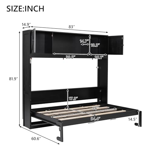 Ball & Cast Queen Size Murphy Bed,Murphy Bed Cabinet W/ 2 Five-Layer Cabinet,Hideaway Wall Bed W/LED Lights,Wood Hidden Bed Frame for Guest Room