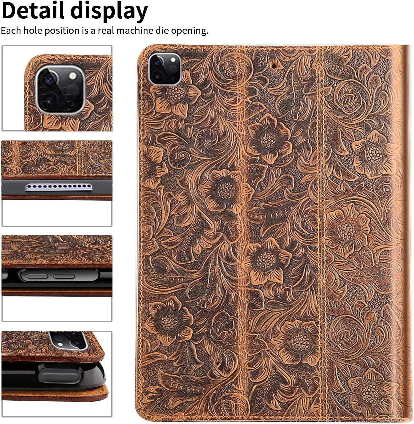 Gexmil for New iPad Pro 11 Case 2nd Generation 2020&2018, Made from Real Leather Cover Cowhide,Pattern-Brown