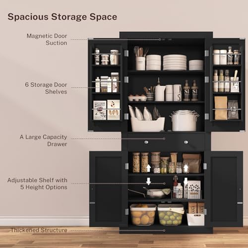 72” Pantry Cabinet, Kitchen Pantry Cabinet with 6 Doors Shelves & 1 Drawer, Kitchen Cabinets with 4 Door for Dinging Room, Living Room, White