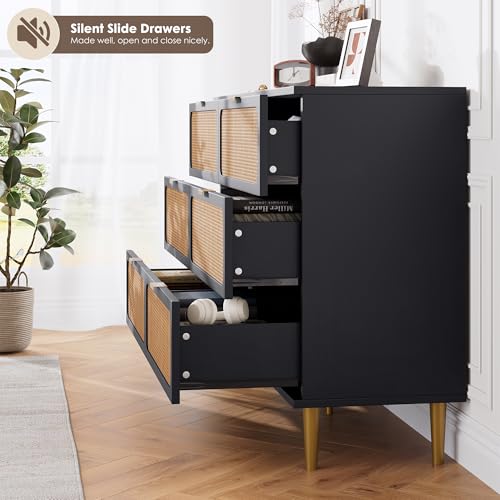 Rattan 5 Drawer Dressers for Bedroom, Tall Dresser with Deep Drawers, Large Chest of Drawers for Closet with Wide Top