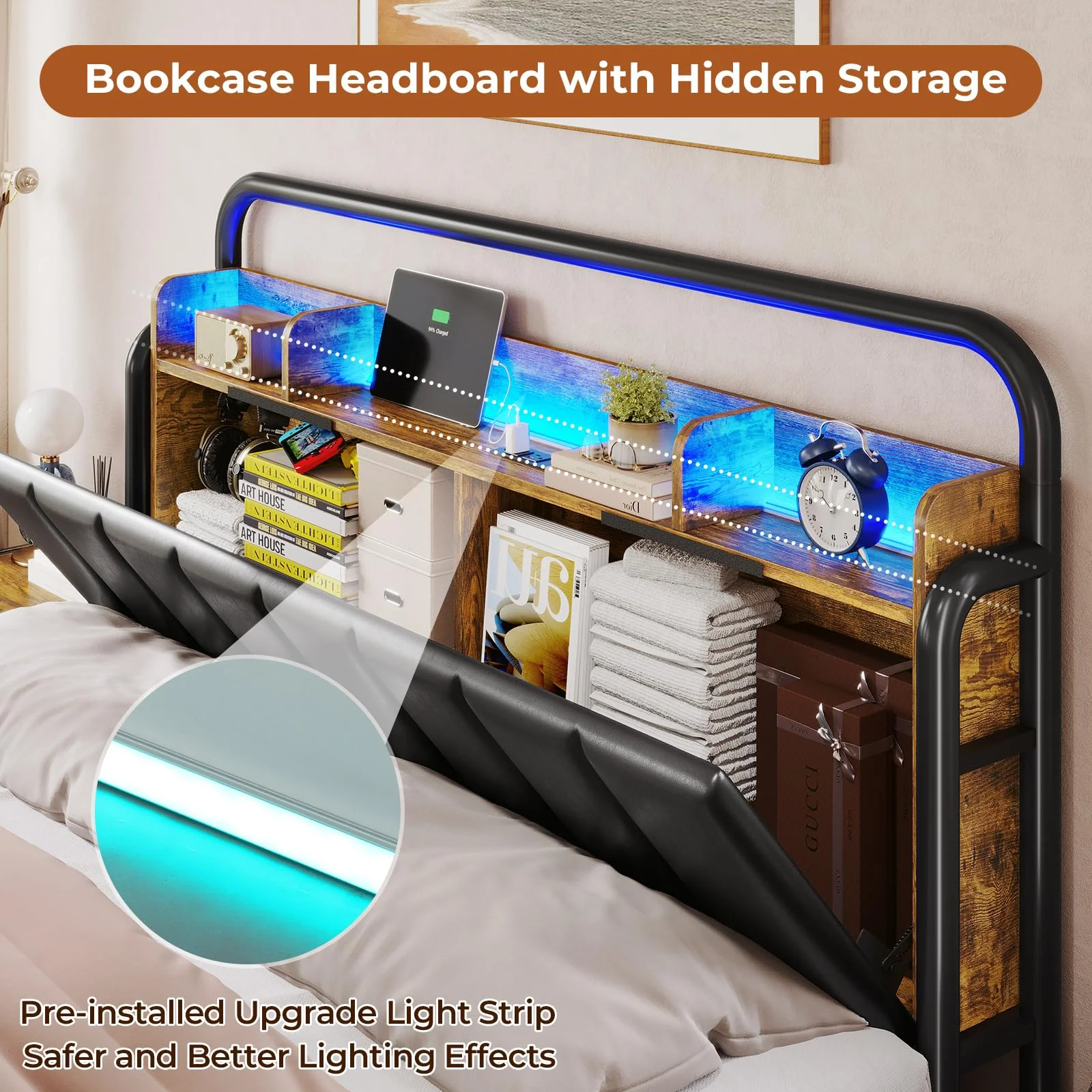 Queen Size Bed Frame with Storage Headboard & Hidden Storage Metal Platform LED Bed Frame with 4 Drawers & Charging Station,Upholstered Headboard