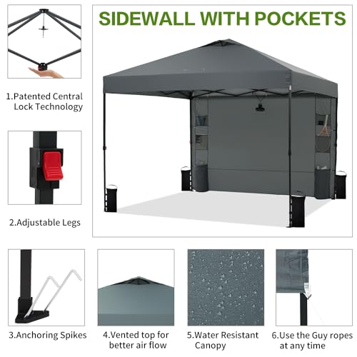 10'x10' Pop Up Canopy Tent with 1 Sidewall and 6 Pockets, One Push Setup, Instant Shade Tent with Vented Roof for Beach Patio Outdoor, Case, 8 Stakes