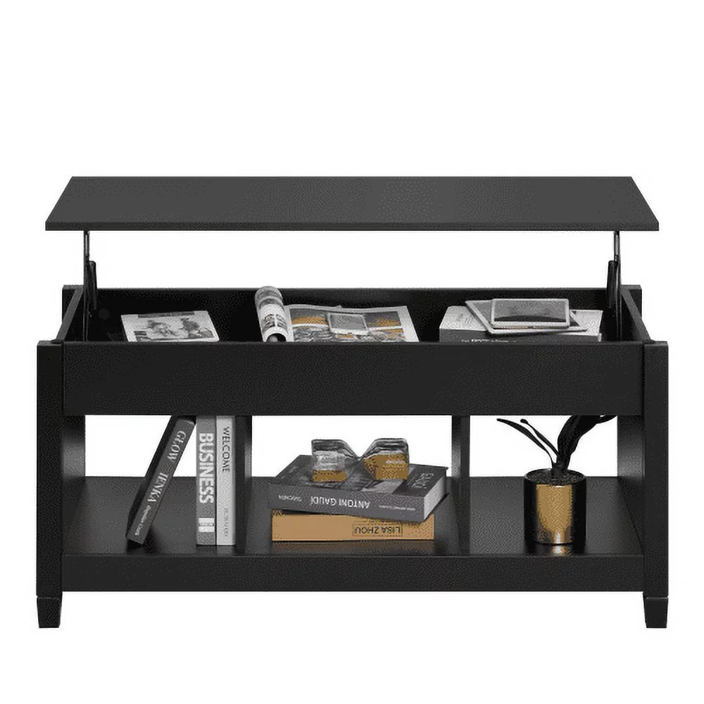 MYDENIMSKY Lift Top Coffee Table, Rising Dining Table Hidden Storage Compartment &3 Open Shelves,Coffee Table Lift Top for Reception & Living Room