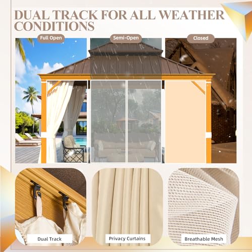 YOLENY 10' x 12' Hardtop Gazebo, Metal Gazebo with Aluminum Frame, Double Galvanized Steel Roof, Curtains and Netting Included
