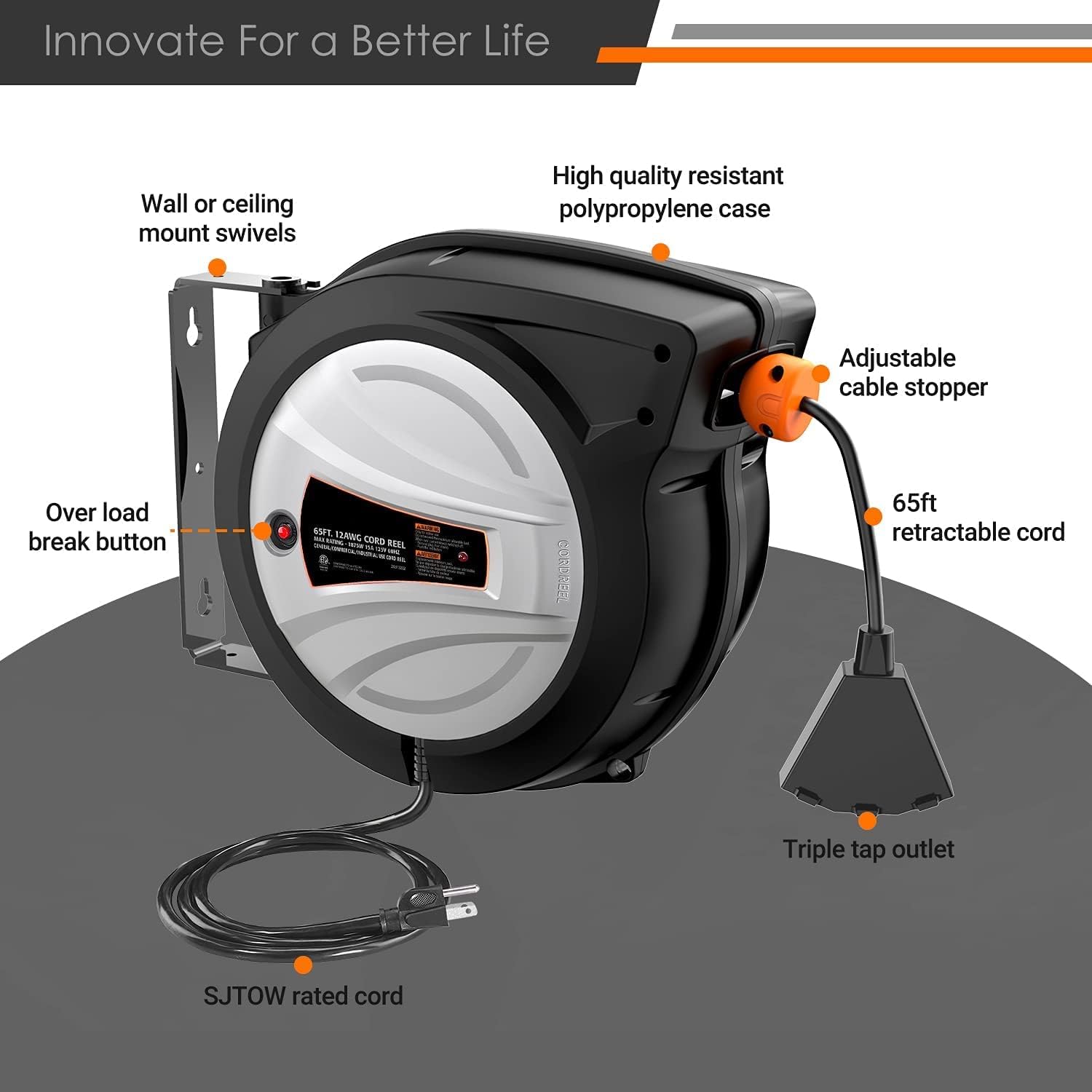 Extension Cord Reel, 65ft Retractable Extension Cord + 4.5ft/12AWG/SJTOW Rated Cord, Cord Holder with Swivel Bracket, Overload Protection