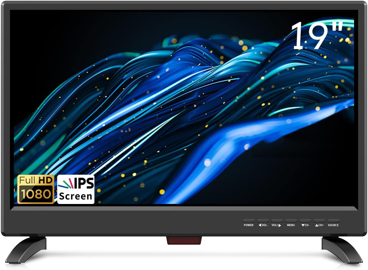 19 Inch Flat Screen TV Built in Digital ATSC Tuners, 1080p LED TV with HDMI VGA AV USB Port for Kitchen, Bedroom, RV, Caravan, Camping, Outdoor