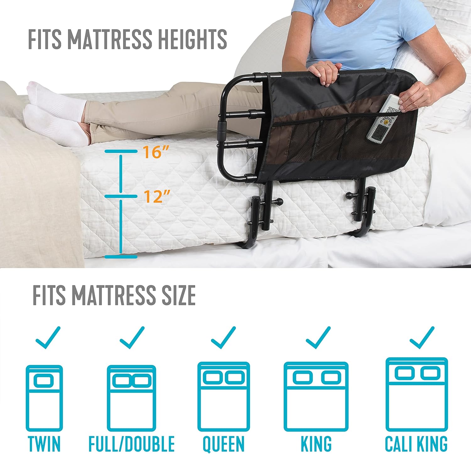 Stander EZ Adjust Bed Rail, Adjustable Senior Bed Rail and Bed Assist Grab Bar for Elderly Adults with Organizer Pouch